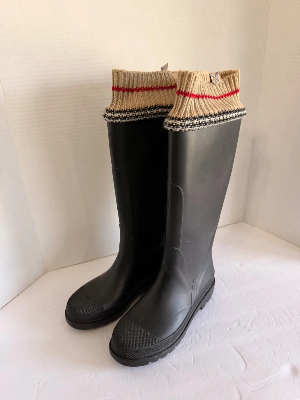 Burberry Black Rain Boots with Beige Knit Cuff and Red Accent